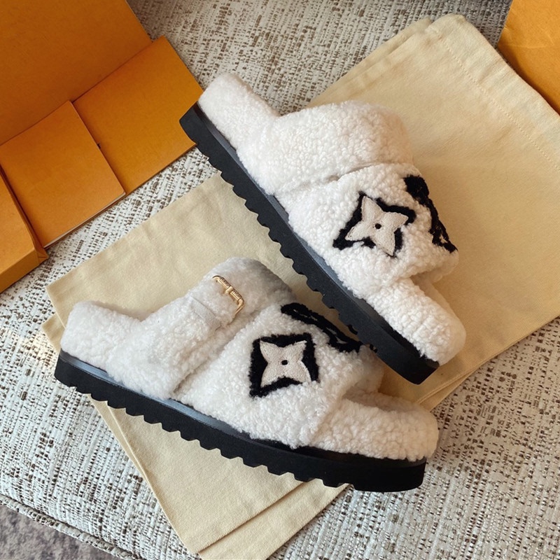 2024 New Autumn and Winter Fur Integrated Fur Slippers for Women to Wear Casual One-Line Double-Strap Thick-Soled Lamb Fur Shoes