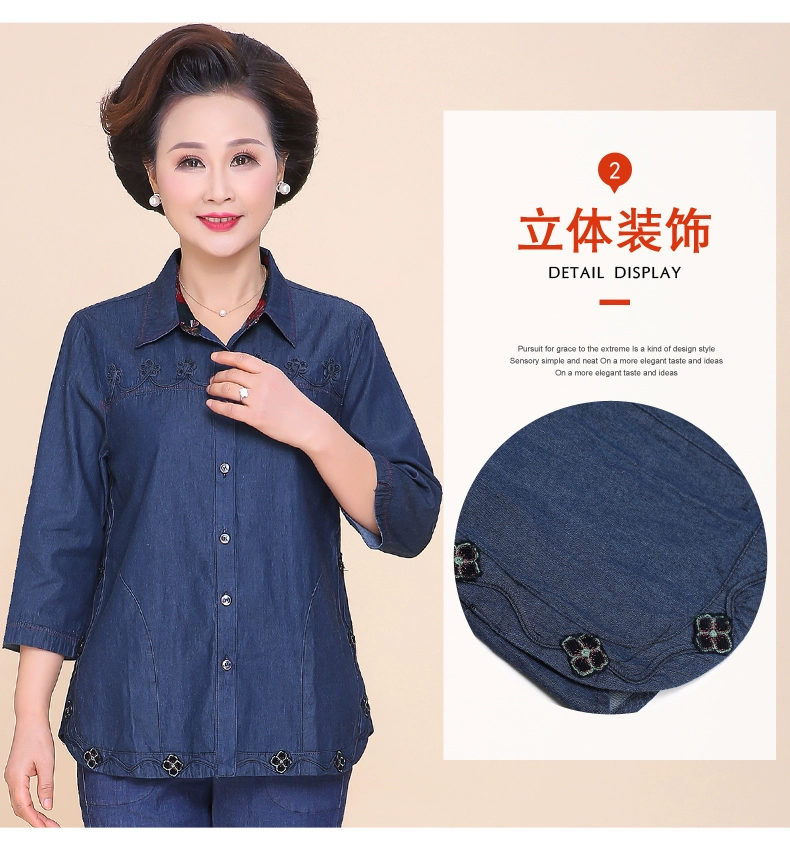 Áo sơ mi trung niên, cowgirls, cotton mẹ, quần áo mùa hè, quần áo cũ, mùa hè, kích thước lớn, bà, áo khoác mỏng - Quần áo của mẹ đầm dự tiệc cho người lớn tuổi