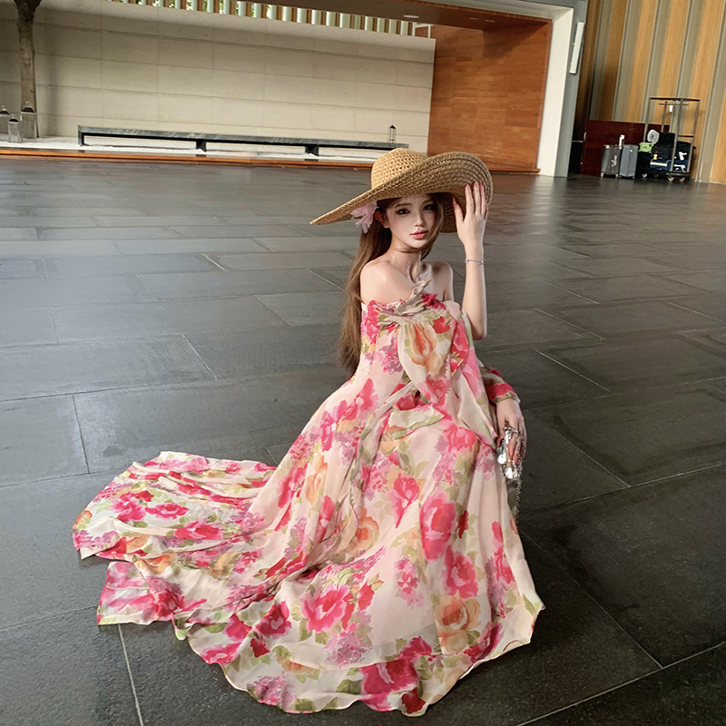 French Resort Style Off-Shoulder Floral Long-Sleeve Dress for Women, Rose Print Princess Dress, Seaside Tindale Long Dress French Resort Style Off-Shoulder Floral Long-Sleeve Dress for Women, Rose Print Princess Dress, Seaside Tindale Long Dress