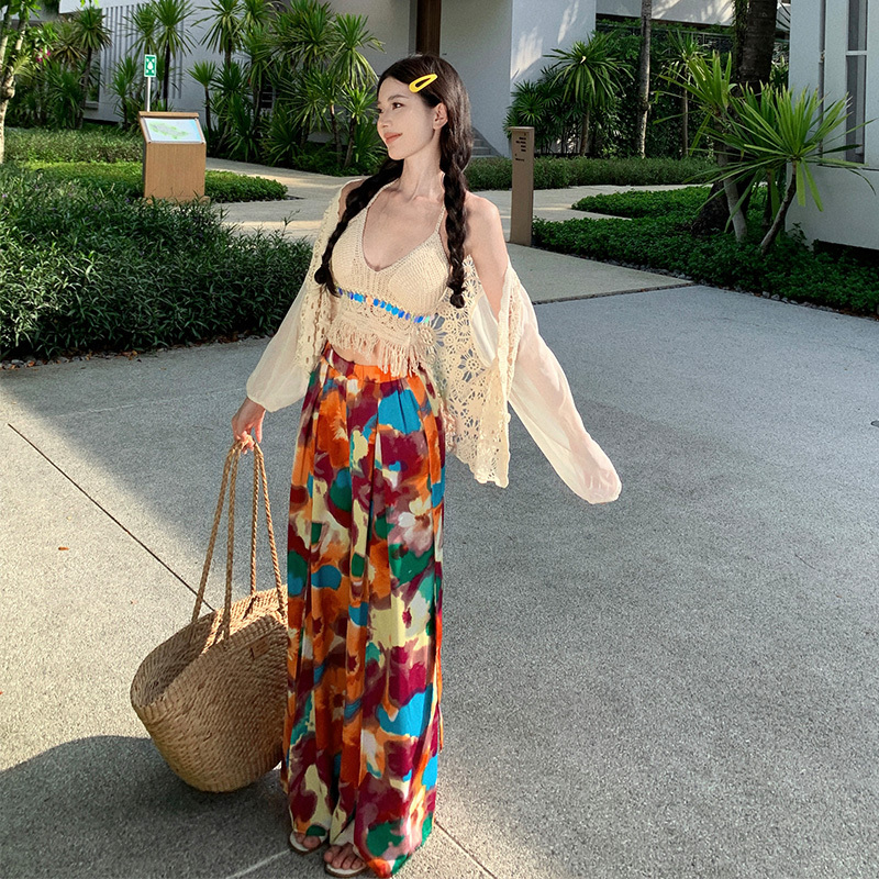 Bohemian Resort Style Printed Wide-Leg Pants High-Waisted Tie Casual Thin Long Pants Thai Beach Travel Outfit Bohemian Resort Style Printed Wide-Leg Pants High-Waisted Tie Casual Thin Long Pants Thai Beach Travel Outfit