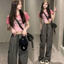 American retro hottie short printed short-sleeved T-shirt for women high-waist strap overalls trousers for women summer fashion suit