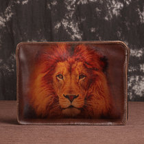 Genuine Leather Men Bag Retro Lion Printed Men Casual Documents Bag Single Shoulder Diagonal Satchel Handbag with Bull Leather Envelope bag