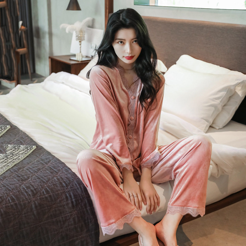 2021 New Gold Velvet Pajamas Ladies Autumn Winter Long Sleeve Lace Blouse Casual Suit Sexy Homewear