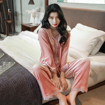 2021 new gold velvet pajamas ladies autumn winter long sleeve lace cardigan casual set sexy loungewear