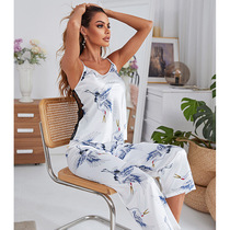 AVUA2021 summer new silk ice silk pajamas womens summer suspender pants two pieces set housewear thin