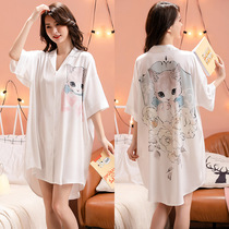 AVUA21 new satin chiffon pajamas ladies summer V neck loose large edition shirt skirt print cartoon nightgown woman