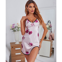 Avua new ice silk nightgown women summer sexy suspender V neck back print slip dress dress housewear