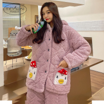 Pajamas Woman Autumn Winter Thickened warm three-layer clip Cotton Coral Suede Korean Version Cute Plus Suede Winter Home Suit Suit