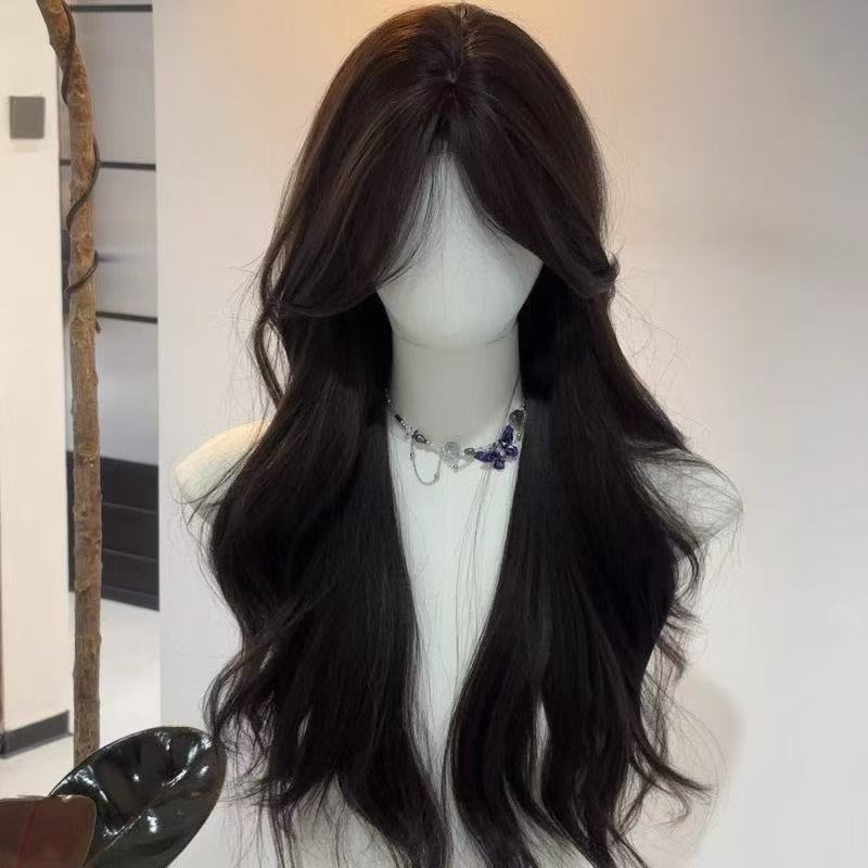 Wig for Women, Long Hair, Black Tea Color, Natural Temperament, Full Head Wig, Realistic Human Hair, Fluffy, Middle Part, Large Waves, Full Head Wig