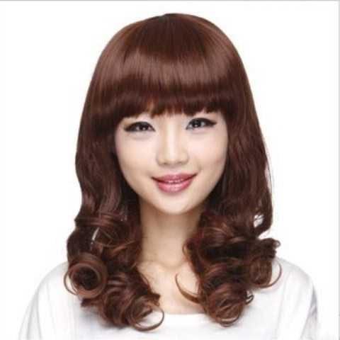 Wig female medium long curly hair middle-aged mother fashion temperament Qi bangs natural fluffy face trim long curly hair full headgear