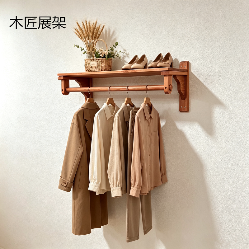 Carpenter Clothing Store Wall Display Rack, Women's Clothing Store Special Rack, Vintage Distressed Wooden Clothes Rail, Simple Clothes Hanger Carpenter Clothing Store Wall Display Rack, Women's Clothing Store Special Rack, Vintage Distressed Wooden Clothes Rail, Simple Clothes Hanger