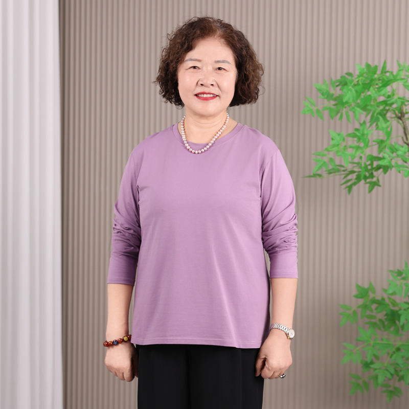 2025 Autumn New Pure Cotton Long-Sleeve T-Shirt for Middle-Aged and Elderly Mothers, Plus Size, Tummy-Covering Base Shirt, Solid Color, Thin Autumn Top 2025 Autumn New Pure Cotton Long-Sleeve T-Shirt for Middle-Aged and Elderly Mothers, Plus Size, Tummy-Covering Base Shirt, Solid Color, Thin Autumn Top