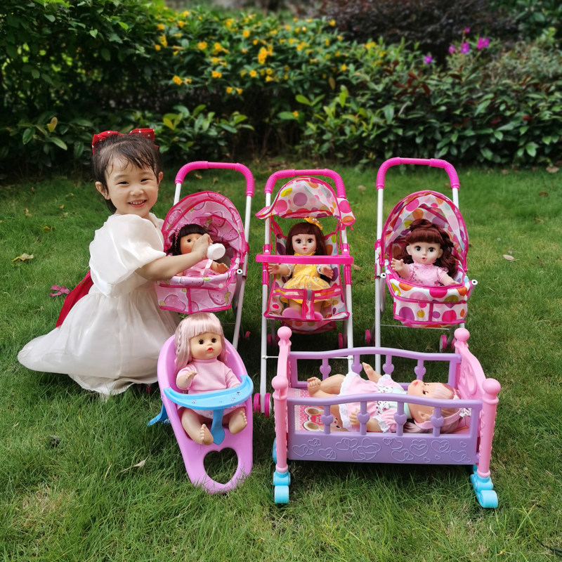Children's toy stroller with baby doll girl sleeping can hold simulation talking doll to play house wine housekeeping