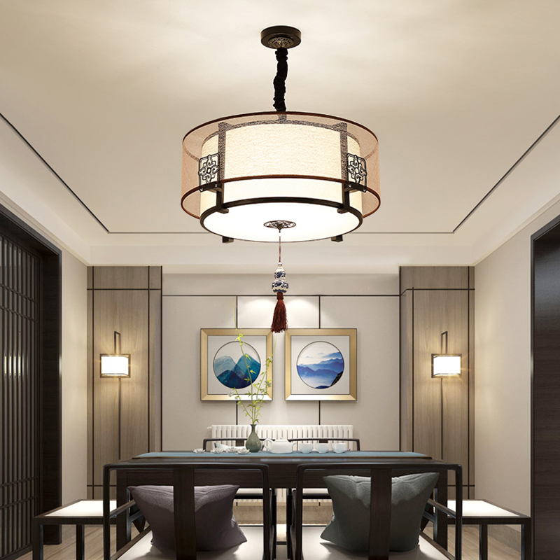 New Chinese chandelier dining room lights classical fabric antique hotel Teahouse hand painted round Chinese style LED lamps