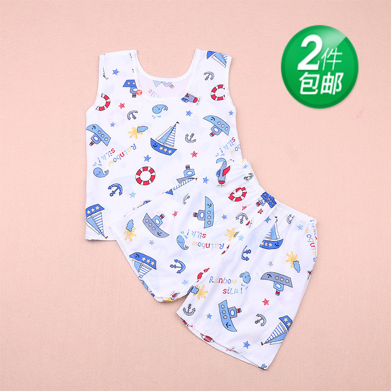 Children's summer cotton pajamas baby artificial cotton vest shorts boys and girls cotton sleeveless home air conditioning suit