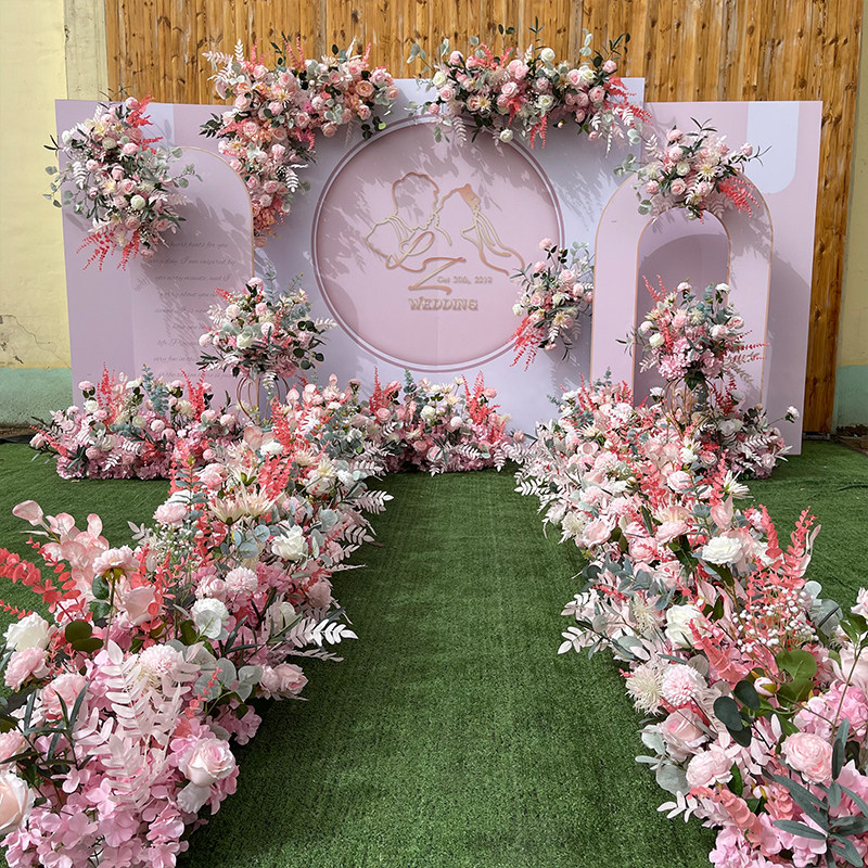 Pink wedding flower art wedding silk flower stage welcome area decoration ground flower arrangement flower road lead flower ball corner flower flower row