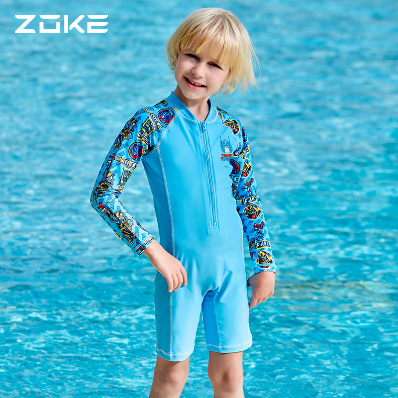 zoke Zhouke children's swimsuit boys middle children long sleeves anti-hiccup baby boys quick dry new one-piece swimming suit