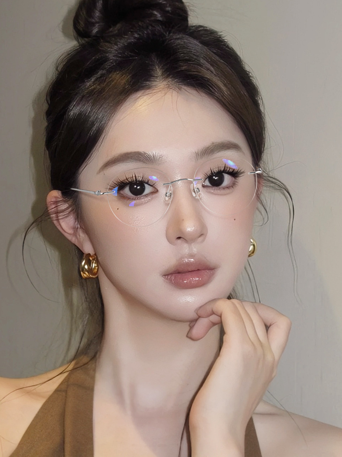 Ultra-Light Round Rimless Glasses for Women, Suitable for Prescription Lenses, Natural Look, Elegant Titanium Frame, Frameless, High-End Feel