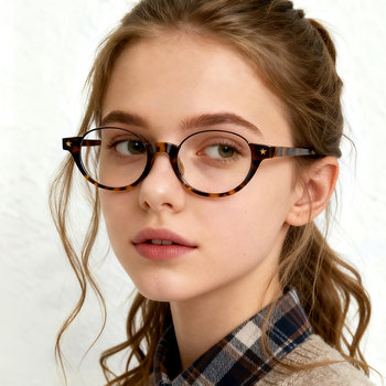 Vintage Japanese-Style Tortoiseshell Oval Glasses for Women with Myopia, Customizable Prescription, Half-Rim Frame