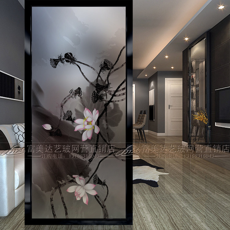 Modern Art Glass Partition Screen Living Room Light Transmission Steel Frosted Shoes Cabinet Process Glass Chinese Ink Lotus Flowers