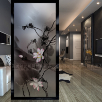 Modern art glass partition screen living room light-transmitting tempered frosted shoe cabinet craft glass Chinese ink lotus