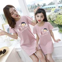 Childrens summer pajamas thin cotton short-sleeved princess dress lace middle-aged child mother and daughter parent-child girl nightdress