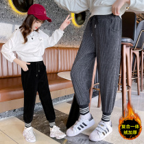 Girls pants fall winter 2021 new childrens slacks long pants outside wearing plus fleece in the big children thick pants foreign