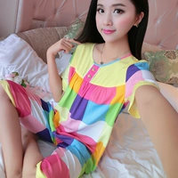 Bộ đồ ngủ bằng vải cotton dành cho nữ mùa hè ngắn tay ngắn bằng vải cotton phù hợp với phiên bản Hàn Quốc của bộ đồ cotton nhân tạo mỏng dành cho người trung niên - Bộ Pajama quần áo ngủ nữ