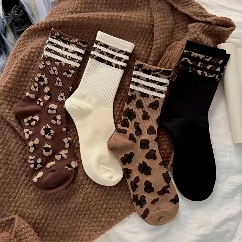 Women's Mid-Calf Socks, Spring and Autumn Korean Style Trendy Socks, Spotted Leopard Print Long Socks, Versatile Non-Slip Women's High Socks