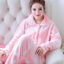 Autumn and winter thickened coral velvet pajamas womens winter suits home clothes plus velvet large size cute flannel long sleeve cardigan