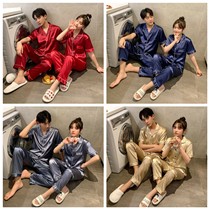Couple pajamas womens summer short-sleeved trousers Thin Ice Silk plus size summer mens luxury spring and autumn home wear