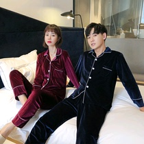 Golden velvet couple pajamas men and women Spring and Autumn Winter long sleeve coral velvet plus size fat mm200 kg Home clothing set