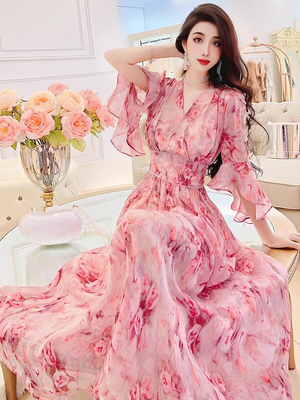 Sweet and Elegant Floral Chiffon Dress, New Summer Style for Women, Slim Fit, Ruffled Sleeves, Over-The-Knee Long Skirt, Large Hem Skirt