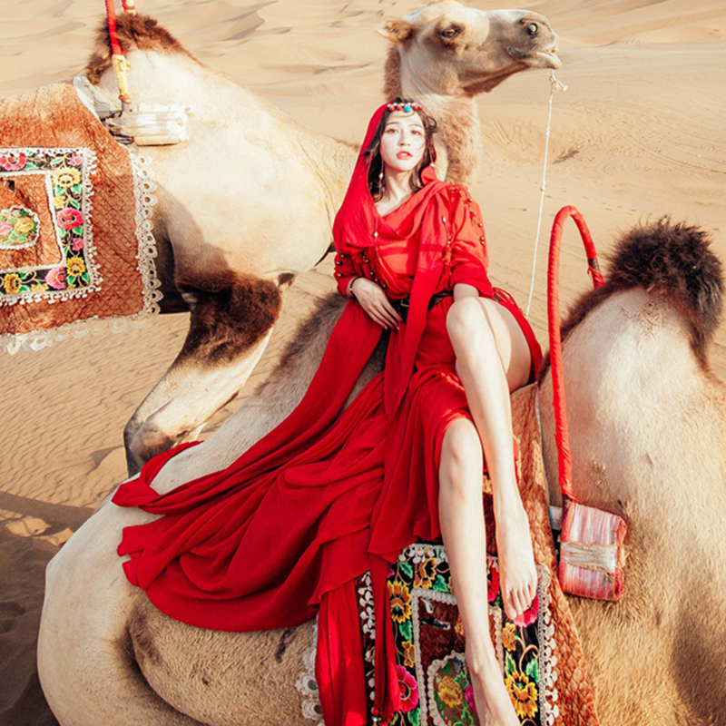 Xinjiang Dubai Desert Yunnan Travel Photography Vacation Dress Retro Ethnic Style Red Flared Dress Slimming Long Dress