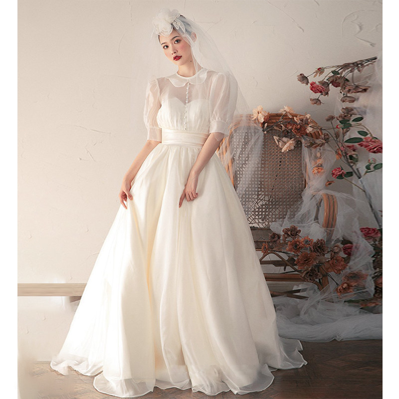 French light wedding dress Super Xinsen bride marriage master yarn 2022 new retro sweet pomphen dress female summer