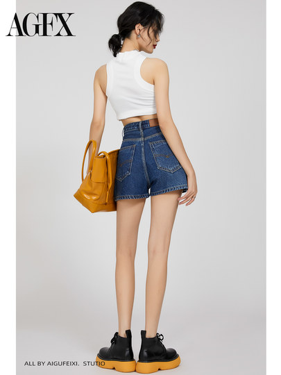 Dark blue high-waisted denim shorts for women 2025 spring and summer new Korean version loose slimming small a-line hot pants trendy