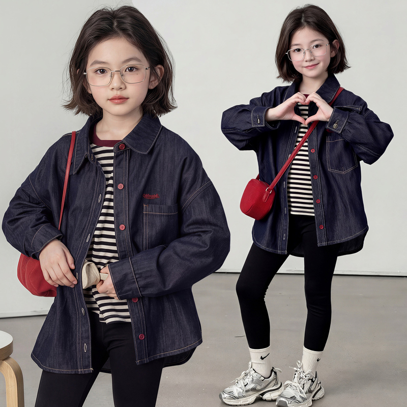 Korean Girls' 2026 Spring and Autumn New Soft Denim Casual Stylish Long-Sleeve Color-Block Shirt Versatile Jacket for Older Children