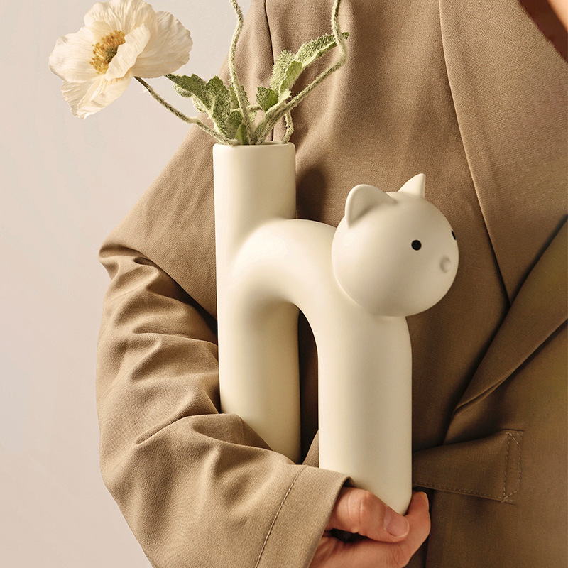 Cute Kitty Styling Ceramic Vases Ins Wind Advanced Sensational Style Nordic Cream Floral Swing Piece Home Swing-Taobao