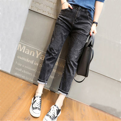 2023 Spring Korean version new plus-size jeans for women, elastic high-waisted, chubby girls, slimming Haren Dad pants