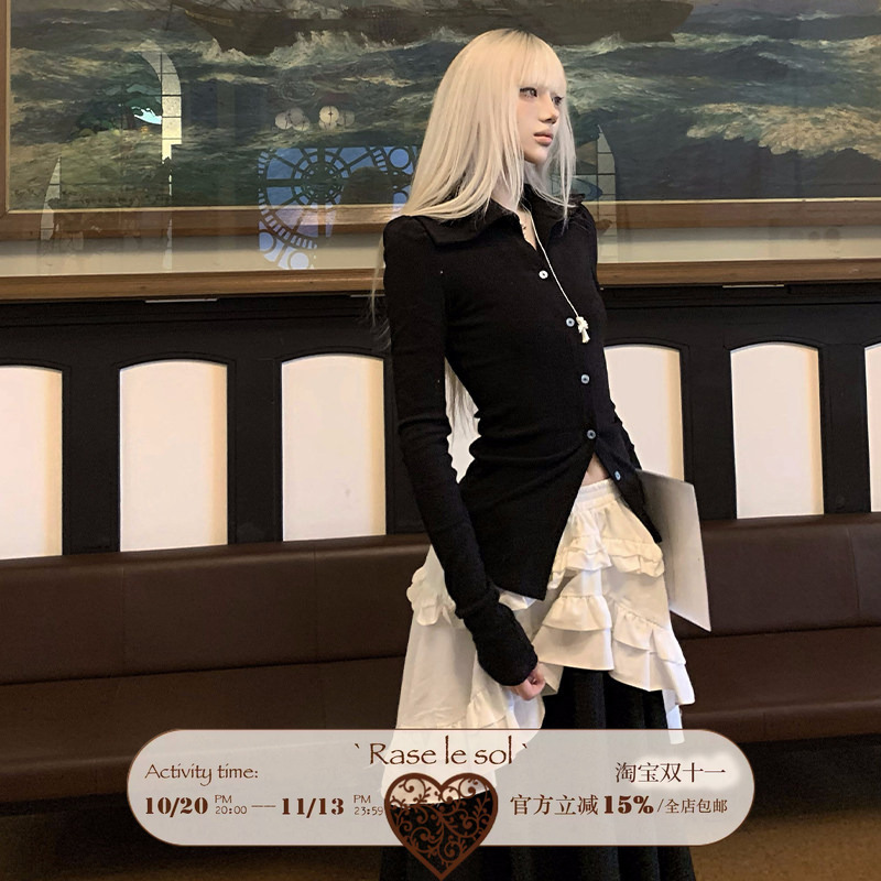 Rase Le Sol'Gothic Doll' Black Slim-Fitting Waist-Cinching Short Knitted Cardigan Jacket