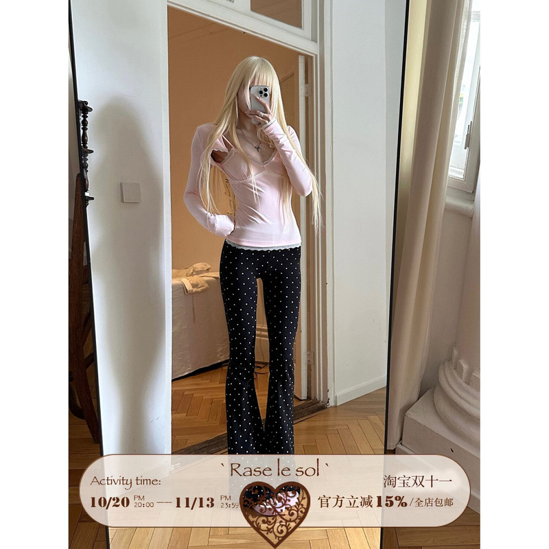 Rase Le Sol'Polka Melody' Black Polka Dot Flared Pants Low-Waisted Tight-Fitting Stretchy Bell-Bottom Pants