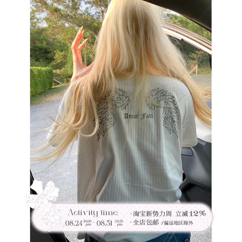 Rase Le Sol'Lost Paradise' Wing Print Ribbed T-Shirt American Style Loose Short-Sleeved Top Rase Le Sol'Lost Paradise' Wing Print Ribbed T-Shirt American Style Loose Short-Sleeved Top