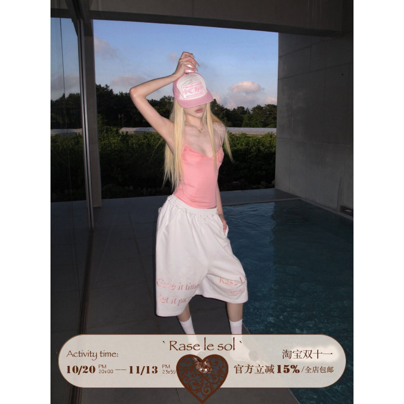 Rase Le Sol*Embroidered Cropped Pants American-Style Lazy Wide-Leg Mid-Length Pants, Three-Quarter Pants