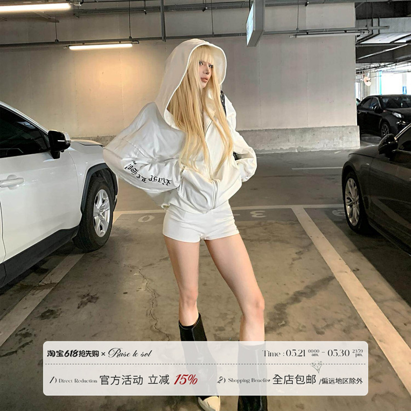 Rase Le Sol American High Street White Hooded Sweatshirt Loose and Lazy Oversize Cardigan Zipper Jacket Rase Le Sol American High Street White Hooded Sweatshirt Loose and Lazy Oversize Cardigan Zipper Jacket