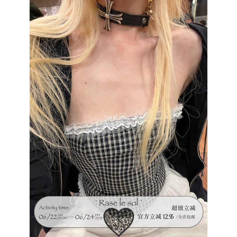 Rase Le Sol*Lace-Panel Strapless Top Lace-Trimmed Black and White Checkered Tube Top Rase Le Sol*Lace-Panel Strapless Top Lace-Trimmed Black and White Checkered Tube Top