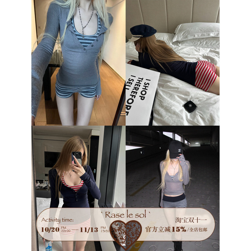 Rase Le Sol'Stripe Layers' Retro Henry Collar Knitwear Striped Shorts Hot Girl Suit Rase Le Sol'Stripe Layers' Retro Henry Collar Knitwear Striped Shorts Hot Girl Suit