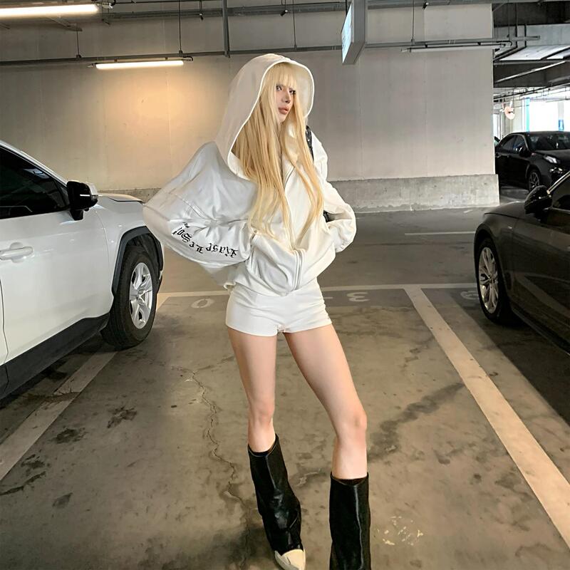 Rase Le Sol American High Street White Hooded Sweatshirt Loose and Lazy Oversize Cardigan Zipper Jacket