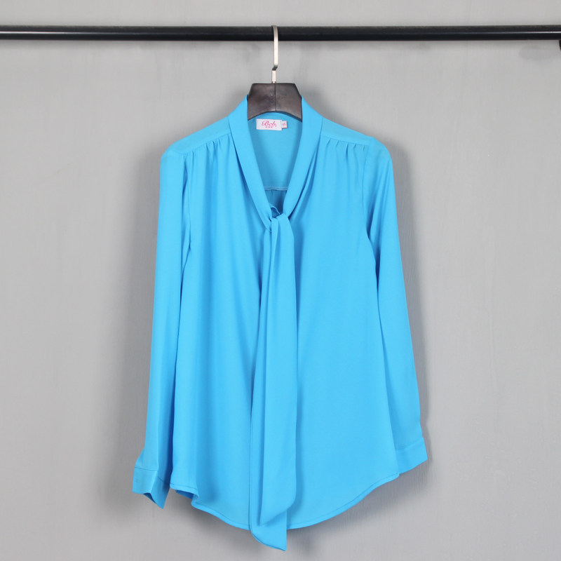 Solid color lace-up streamer long-sleeved chiffon shirt women's spring and autumn new cool and opaque office commuting simple