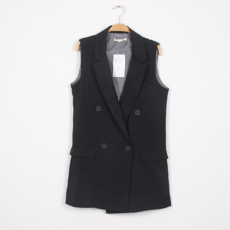 2022 spring new double-breasted slim fit and slim mid-length suit collar vest vest temperament commuter Korean black