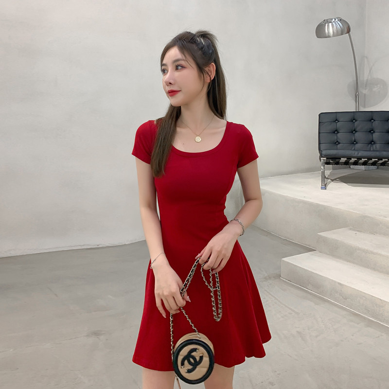 Nightclub U-neck low-cut sexy wine red dress summer little man A character slim waist skirt women's short sleeve skirt